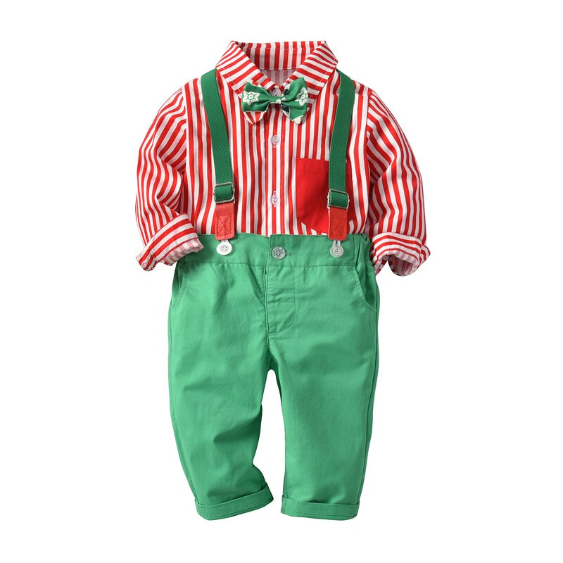 Children's Set Manufacturer - Amazon Exclusive 2025 Autumn Boys Cotton Striped Print Bow Tie Overalls Two-piece