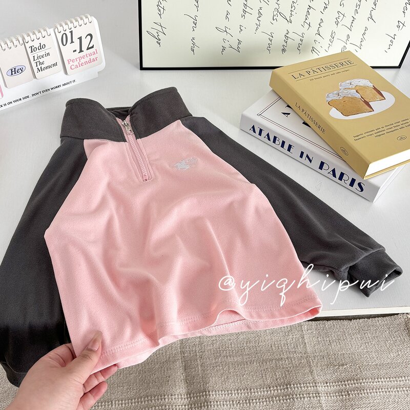 Children's T-shirt Manufacturer - Girls Long-sleeved Contrast Color Boy Raglan Sleeve Embroidery German Velvet