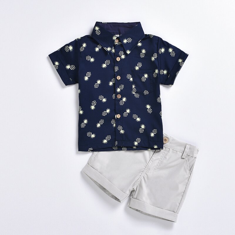 Children's Set Manufacturer - INS Hot-Selling Summer 100% Cotton Pineapple Printed Short-Sleeved Boy Shirt Leopard Pattern