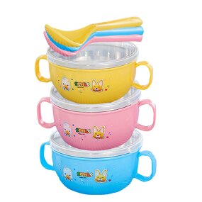 Children's Tableware Manufacturer - Two-piece Cartoon Insulation Dinner Plate with Handle Stainless Steel Bowl