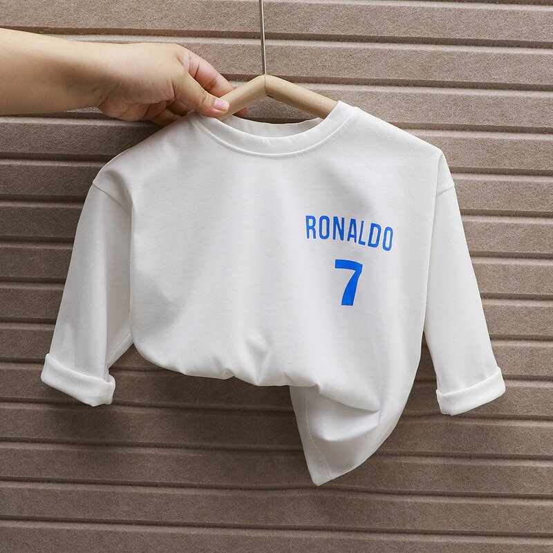 Children's T-shirt Manufacturer - Long-sleeved Pure Cotton Casual Bottoming Shirt Number 7 White Top