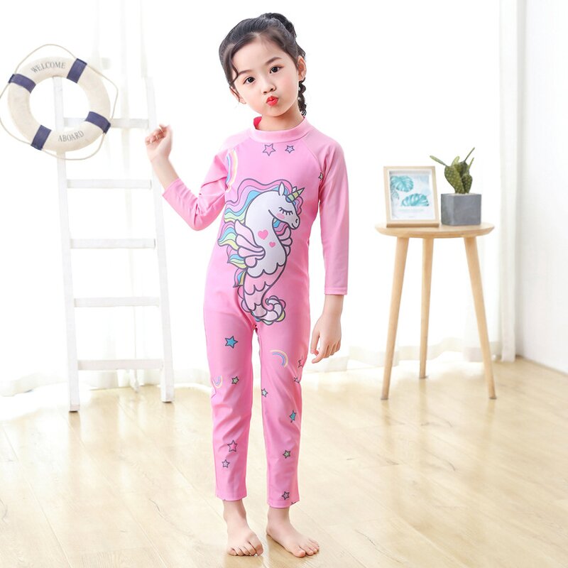 Children's Swimwear Manufacturer - 2-11 Years Old Cartoon Long-sleeved 1-piece Beachwear Surfing Suit
