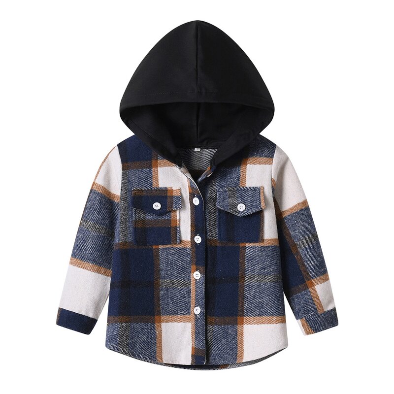 Boys Jacket Manufacturer - Korean 25 Spring New Check Hooded Brushed Long-sleeved Top Trendy Short Cardigan