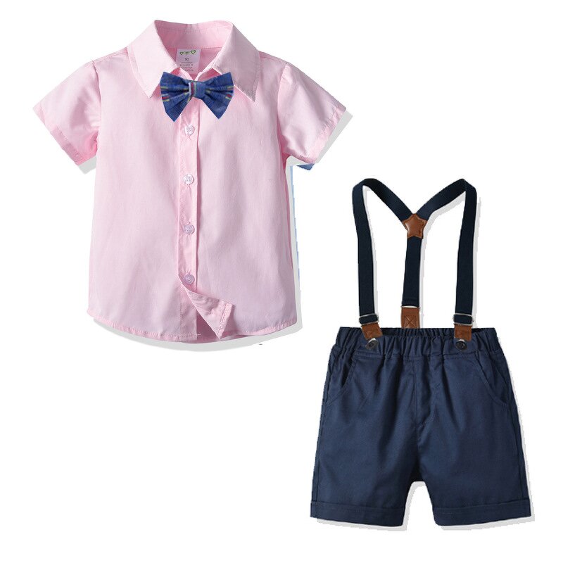 Children's Clothing Suit Manufacturer - 2025 British Gentleman Boys Medium Size Summer Cotton Short-sleeved Overalls Four-piece