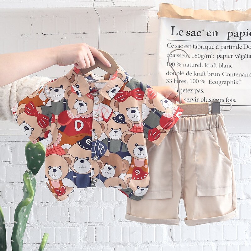 Children's Set Manufacturer - Full Printed Cartoon Bear Shirt Shorts for Men and Female Children