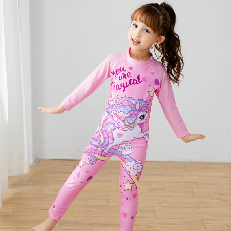 Children's Swimwear Manufacturer - 2-11 Years Old Cartoon Long-sleeved 1-piece Beachwear Surfing Suit