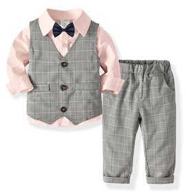 Children's Suit Manufacturer - Spring New 4-piece Boys Long-sleeved Shirt Double Vest Trousers Bow Tie Birthday Party Dress