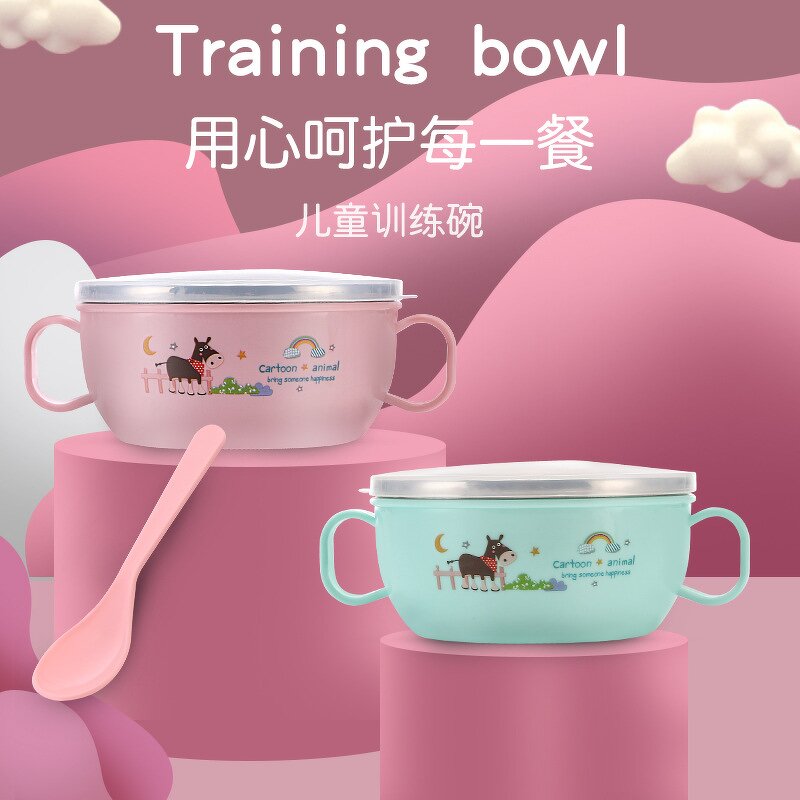 Children's Tableware Manufacturer - Two-piece Cartoon Insulation Dinner Plate with Handle Stainless Steel Bowl
