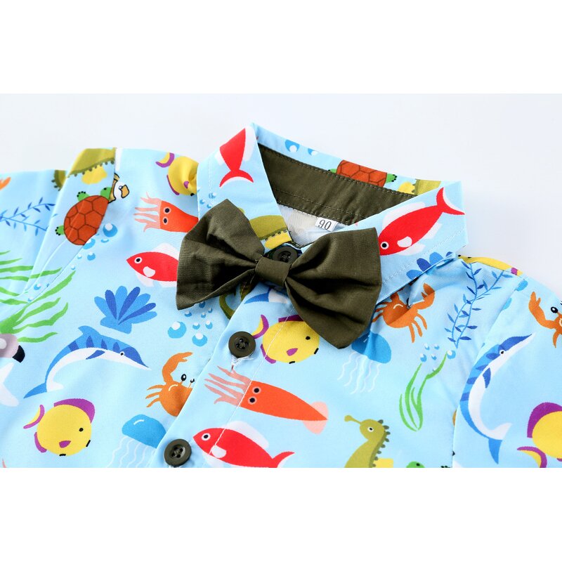 Children's Shirt Set Manufacturer - European American Boys Cartoon Printing Shirt Ink Green Shorts Bow Tie Three-piece
