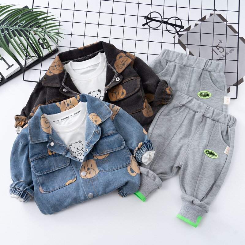 Boys Jacket Set Manufacturer - New Korean Spring Autumn New Denim Jacket Three-piece Small Child Baby Cartoon