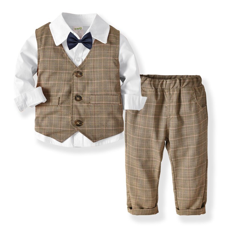 Children's Clothing Suit Manufacturer - Boys Long-sleeved Shirt Double-layer Vest Trousers Bow Tie Gentleman Baby Birthday