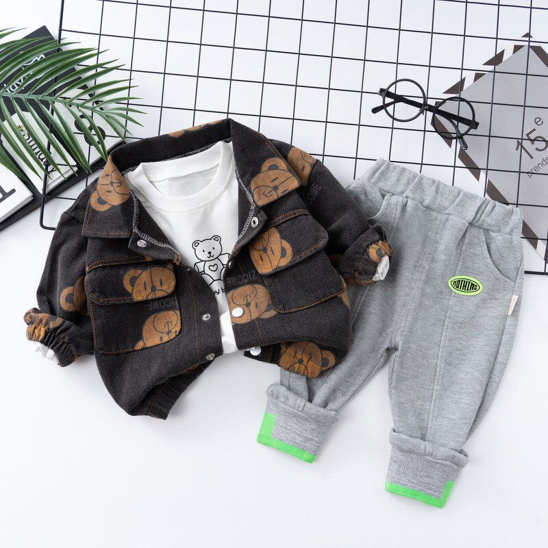 Boys Jacket Set Manufacturer - New Korean Spring Autumn New Denim Jacket Three-piece Small Child Baby Cartoon
