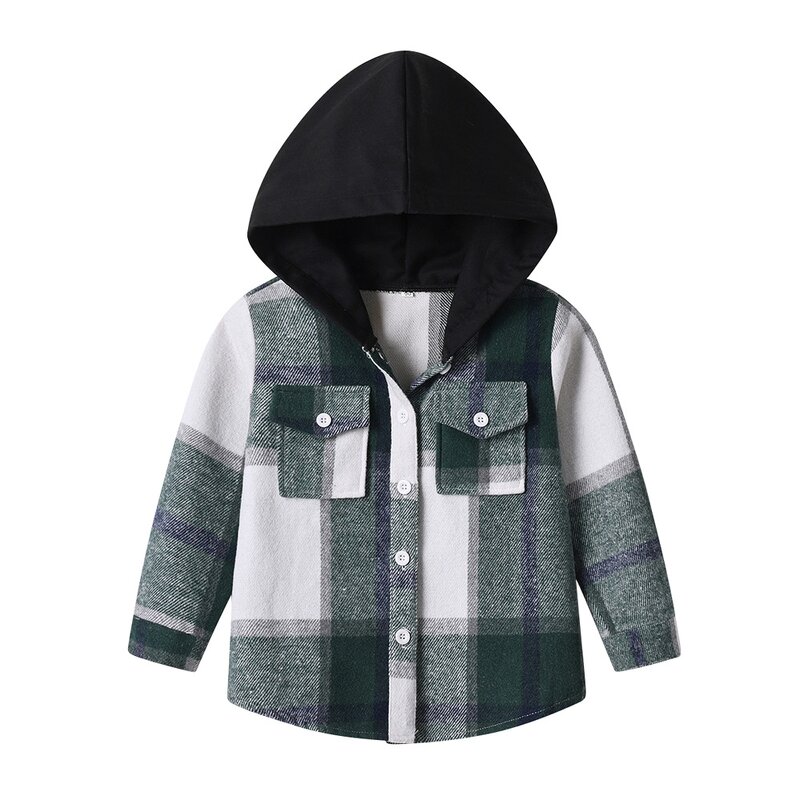 Boys Jacket Manufacturer - Korean 25 Spring New Check Hooded Brushed Long-sleeved Top Trendy Short Cardigan