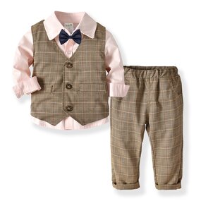 Children's Clothing Suit Manufacturer - Boys Long-sleeved Shirt Double-layer Vest Trousers Bow Tie Gentleman Baby Birthday