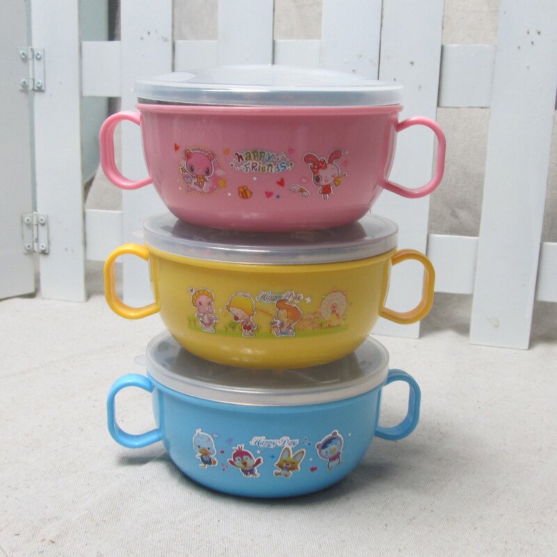 Children's Tableware Manufacturer - Two-piece Cartoon Insulation Dinner Plate with Handle Stainless Steel Bowl