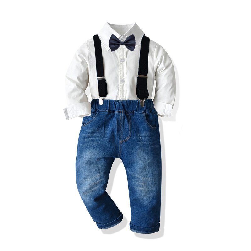 Boys Shirt Set Manufacturer - Baby Cotton Long-sleeved Collared Shirt Denim Suspenders Trousers Party Dress Formal Wear