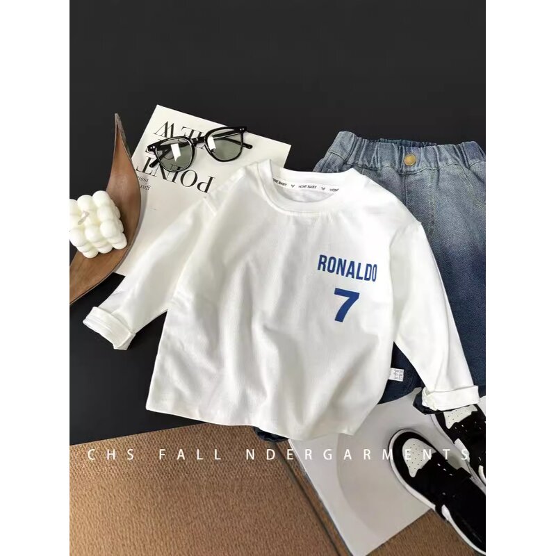 Children's T-shirt Manufacturer - Long-sleeved Pure Cotton Casual Bottoming Shirt Number 7 White Top