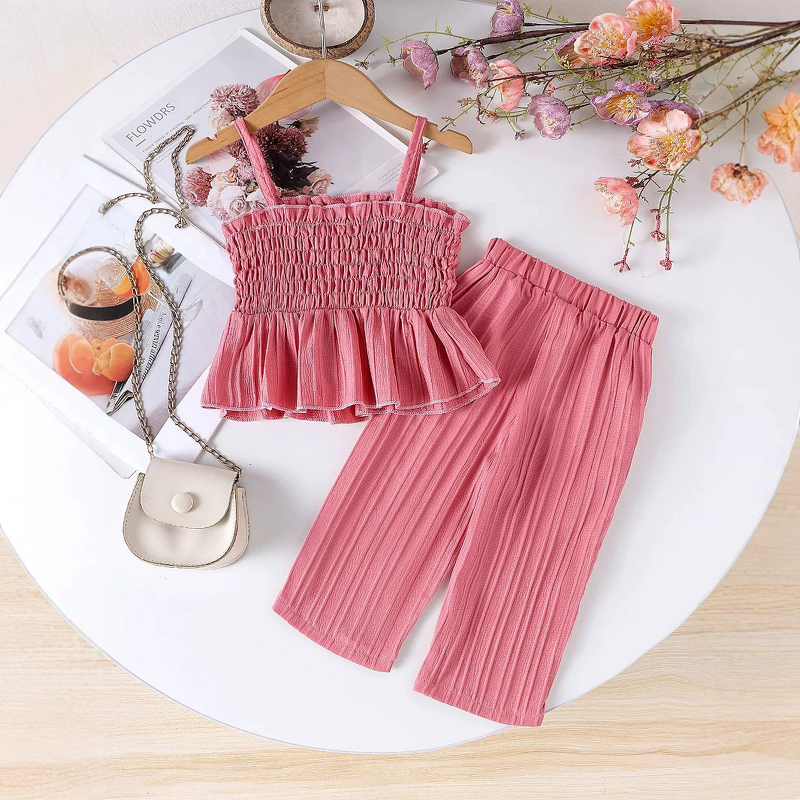 Girls Set Manufacturer - 2025 European American Style Summer New Suspender Pleated Top Pants Two-piece Factory