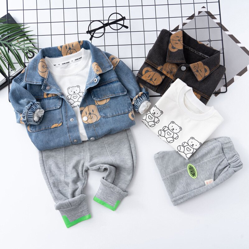 Boys Jacket Set Manufacturer - New Korean Spring Autumn New Denim Jacket Three-piece Small Child Baby Cartoon