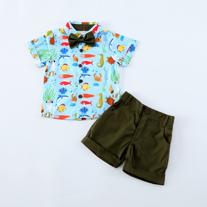 Children's Shirt Set Manufacturer - European American Boys Cartoon Printing Shirt Ink Green Shorts Bow Tie Three-piece