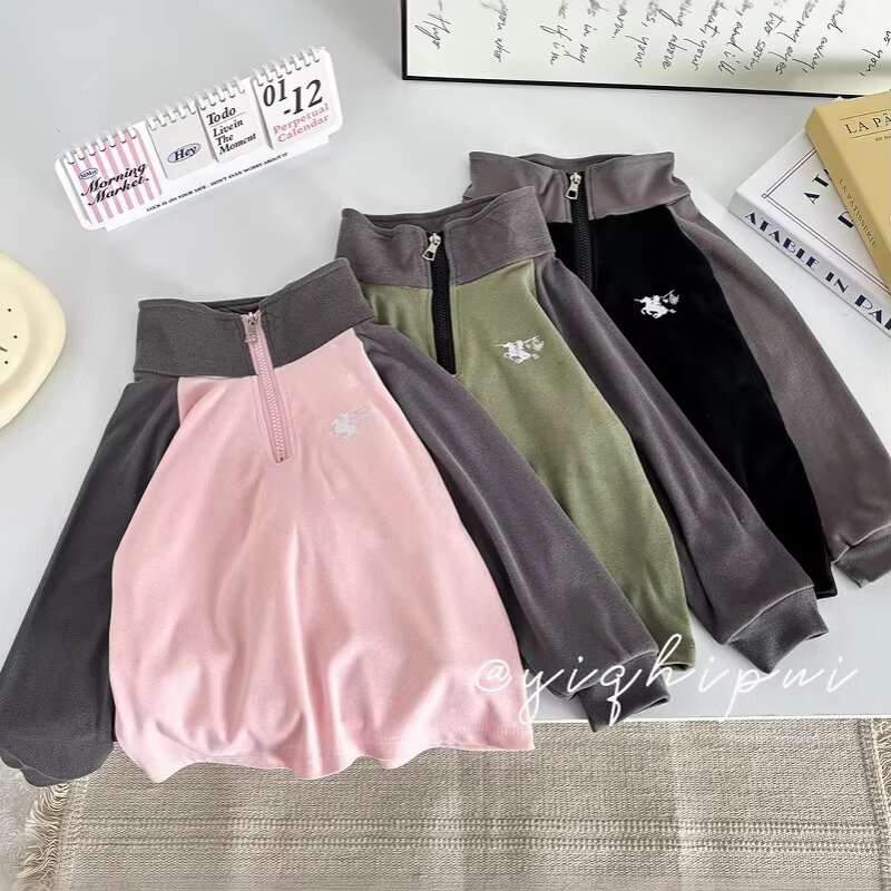 Children's T-shirt Manufacturer - Girls Long-sleeved Contrast Color Boy Raglan Sleeve Embroidery German Velvet