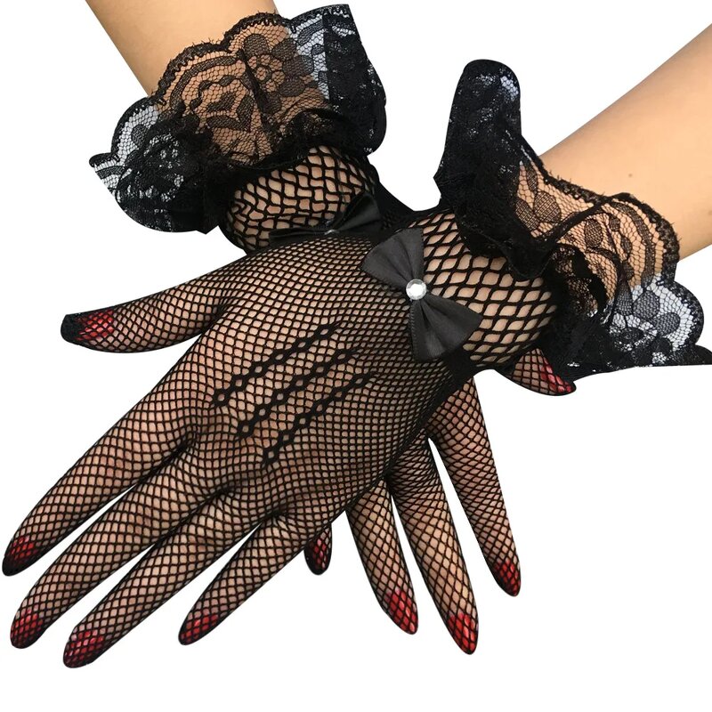 Bridal Gloves Manufacturer - Black Nylon Fishnet Mesh Elastic Elegant Bow Tie Rhinestone Lace Wrist Outdoor Summer