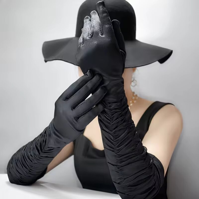 Sunscreen Gloves Manufacturer - Women's Breathable Spring and Summer Party Long Sleeved Wrinkled Black and White Satin Fabric