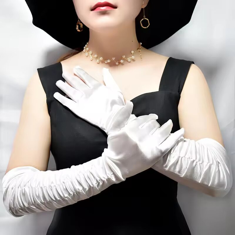 Sunscreen Gloves Manufacturer - Women's Breathable Spring and Summer Party Long Sleeved Wrinkled Black and White Satin Fabric