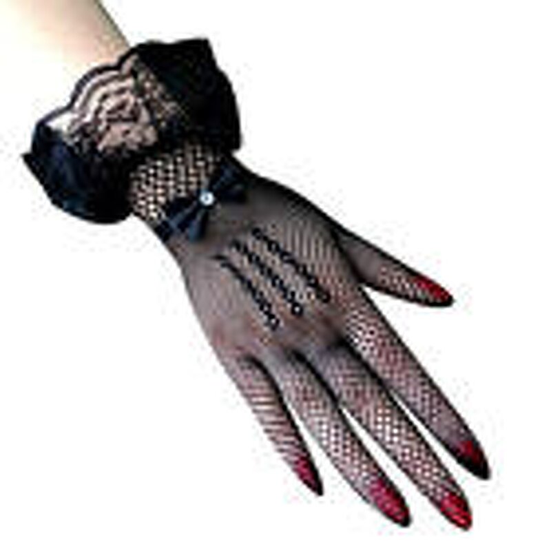Bridal Gloves Manufacturer - Black Nylon Fishnet Mesh Elastic Elegant Bow Tie Rhinestone Lace Wrist Outdoor Summer
