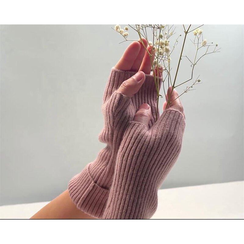 Fingerless Gloves Manufacturer - Custom Ladies 100% Cashmere Winter Outdoor Solid Color Rib Knit Warm Touch Screen Mittens