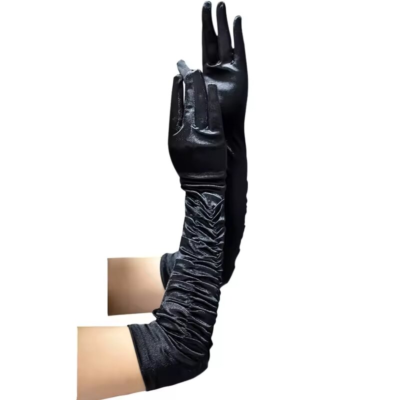 Sunscreen Gloves Manufacturer - Women's Breathable Spring and Summer Party Long Sleeved Wrinkled Black and White Satin Fabric