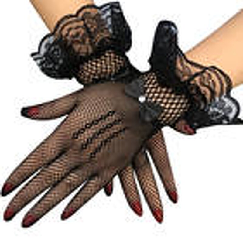 Bridal Gloves Manufacturer - Black Nylon Fishnet Mesh Elastic Elegant Bow Tie Rhinestone Lace Wrist Outdoor Summer