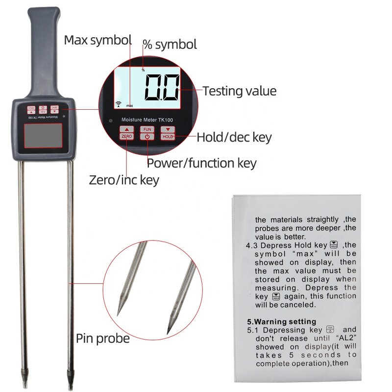Moisture Meter Manufacturer - Portable TK100 Digital Humidity for Grain Herbs Grass Wheat Bran Animal Feed Fiber Material Testing