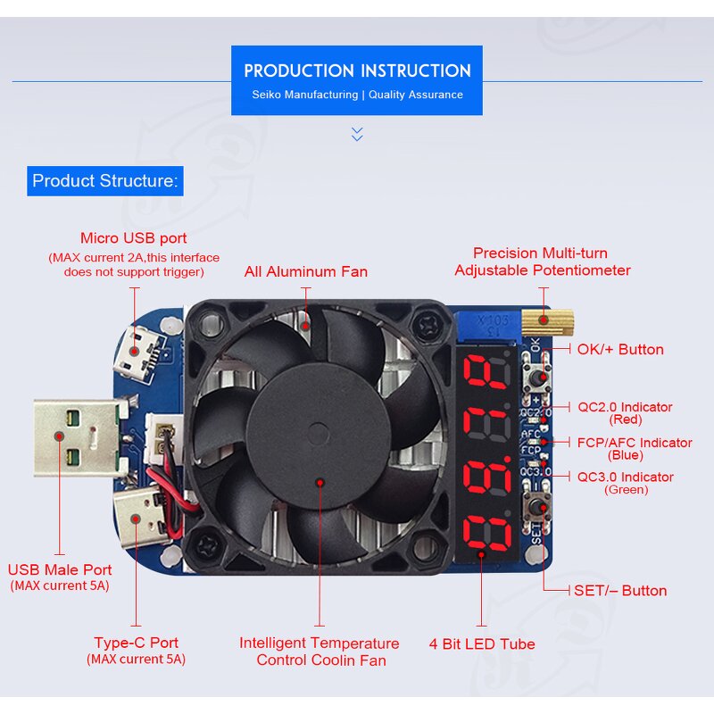 Electronic Load Resistor Manufacturer - HD35 USB/Type-C Interface Discharge Battery Tester 35W QC2.0/3.0 Trigger Adjustable