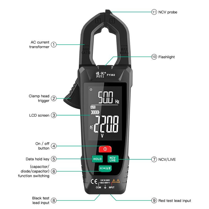 Digital Clamp Meters Manufacturer - Mastfuyi FY382 True RMS 9999 Counts Temperature AC Voltage Current Detector