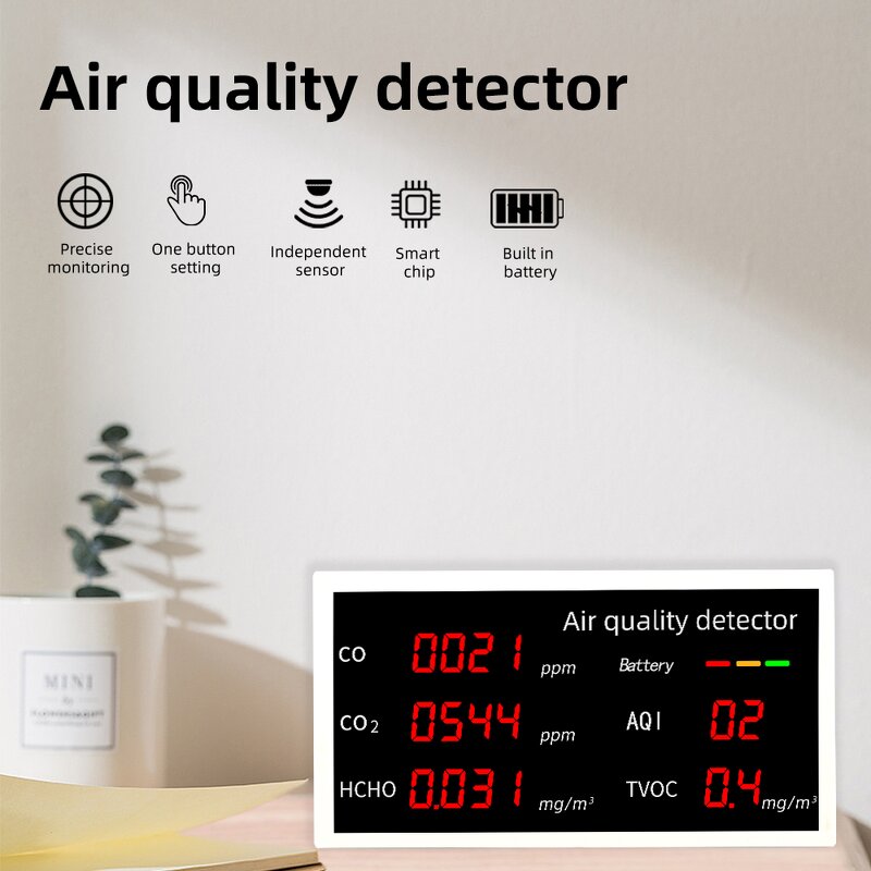 Air Quality Monitor Manufacturer - W17 LED Display 5-In-1 Multifunctional Air Pollution Detector for CO/CO2/HCHO/AQI/TVOC Outdoor Indoor
