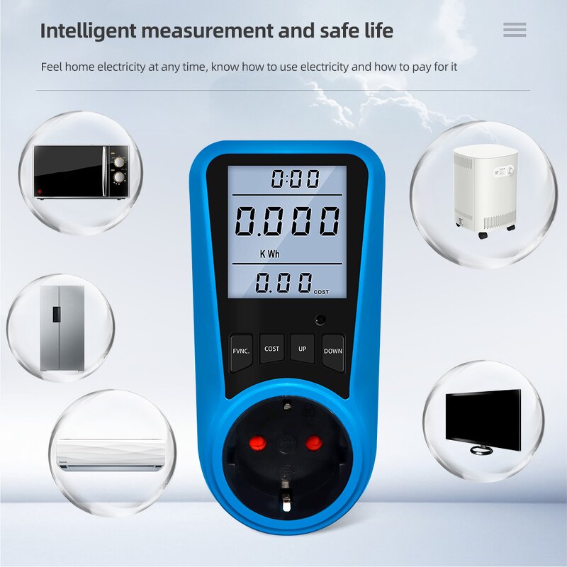 AC Power Meter Manufacturer - PMB05 Digital Current & Voltmeter with Time & Watt Energy Tester EU Plug Socket Backlit Display