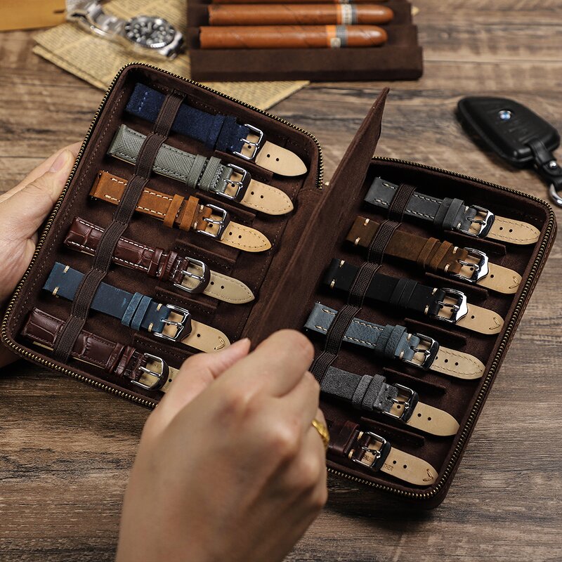 Watch Strap Box Manufacturer - Genuine Leather 12 Pieces Portable Crazy Horse Cowhide & Custom Logo