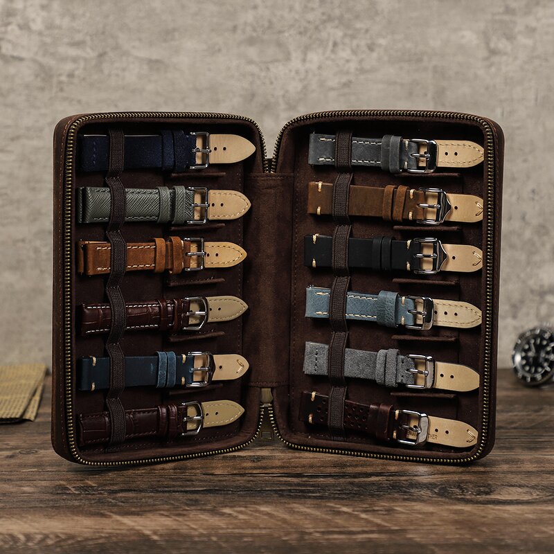 Watch Strap Box Manufacturer - Genuine Leather 12 Pieces Portable Crazy Horse Cowhide & Custom Logo