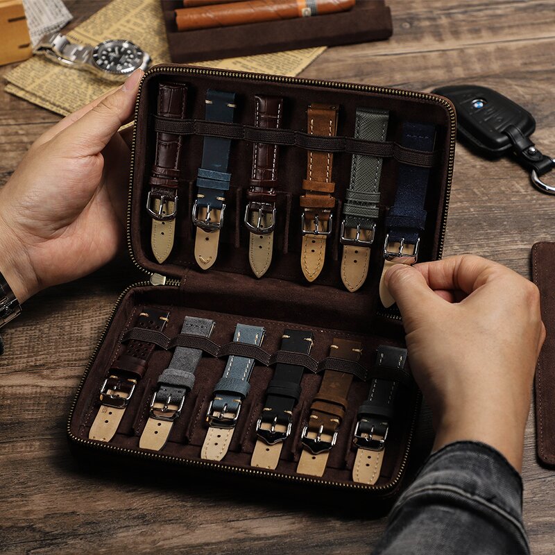 Watch Strap Box Manufacturer - Genuine Leather 12 Pieces Portable Crazy Horse Cowhide & Custom Logo