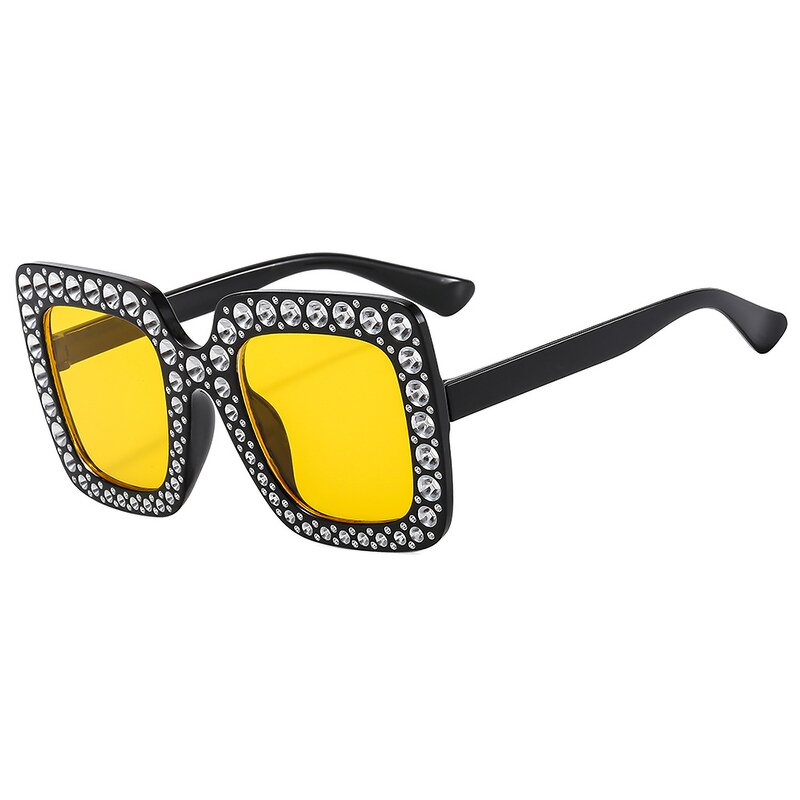 Sunglasses Manufacturer - Oversized Square UV400 Black Yellow PC Frames with Diamond Accents Unisex