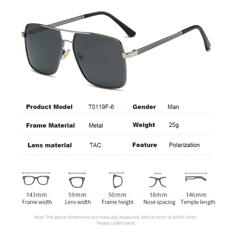 Pilot Sunglasses Manufacturer - Large Square Double Bridge Metal Frame Polarized for Driving