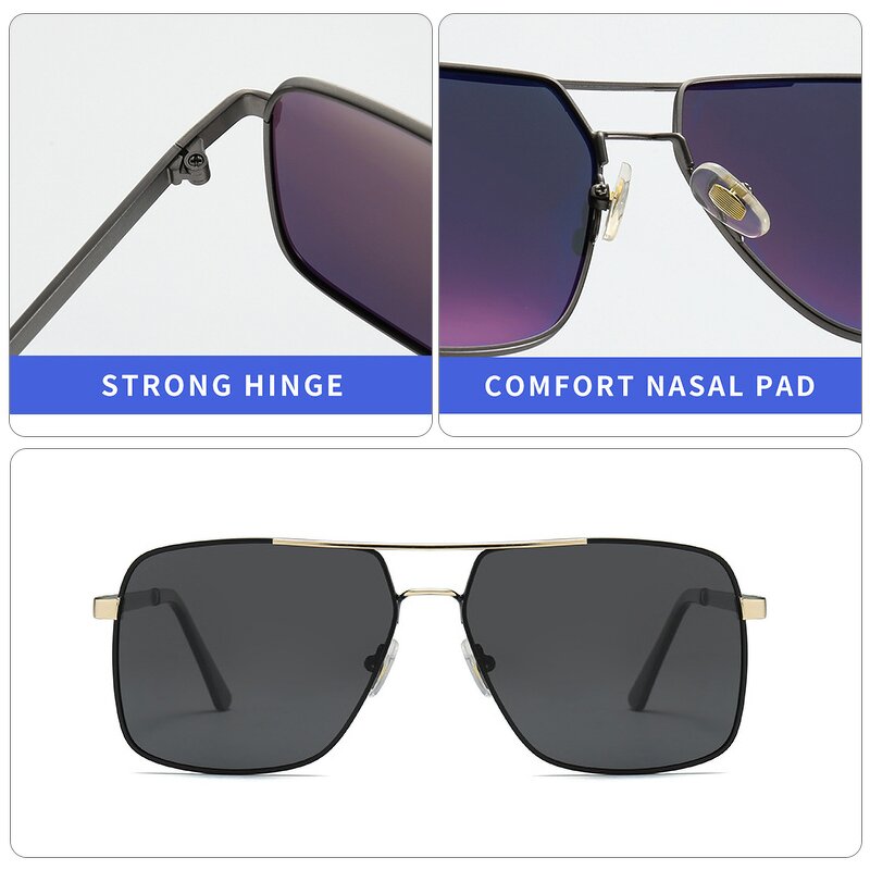 Pilot Sunglasses Manufacturer - Large Square Double Bridge Metal Frame Polarized for Driving