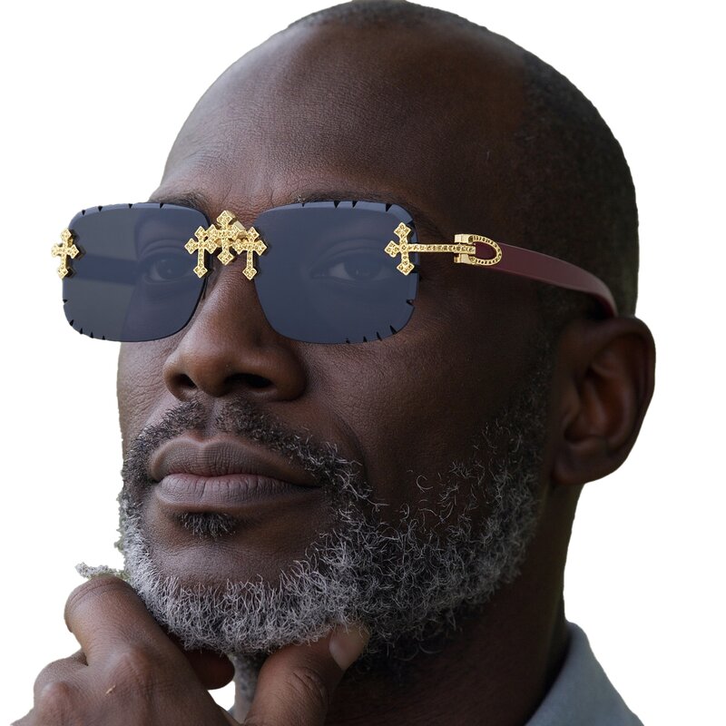 Sunglasses for Women Manufacturer - Diamond-studded Steampunk Wood Grain Temples Rimless Square 2025 Fashion