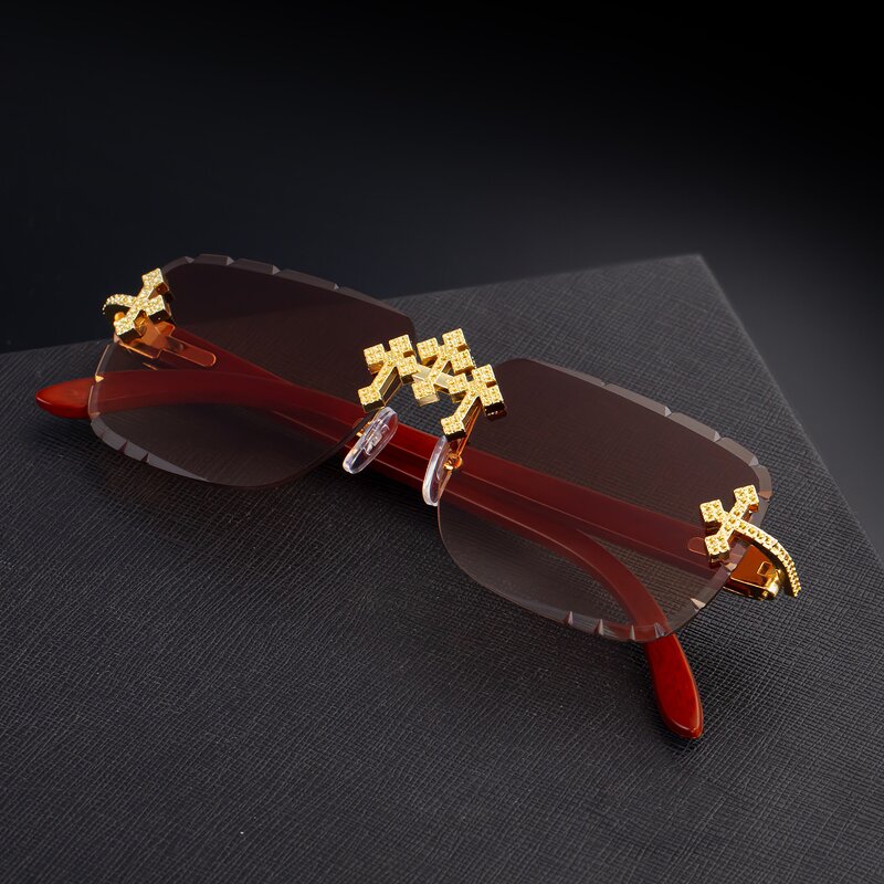 Sunglasses for Women Manufacturer - Diamond-studded Steampunk Wood Grain Temples Rimless Square 2025 Fashion