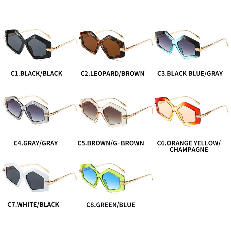 Sunglasses for Women Manufacturer - UV400 Serpentine Metal Temple Polygonal Frame Luxury European & American