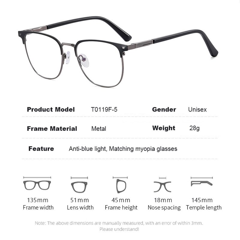 Eyeglasses Frames Manufacturer - Rivet Square Metal Artistic Eyebrow Frame Anti Blue Light