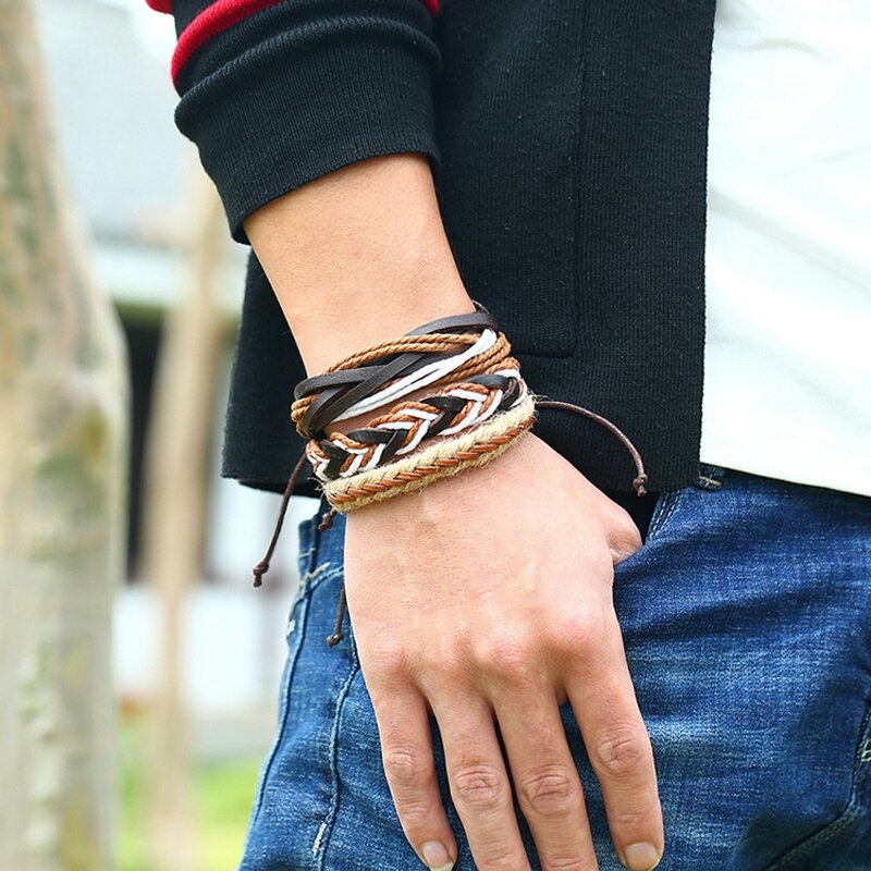 Leather Bracelet Set for Men - Manufacturer with Handmade Braided Hemp Rope Adjustable Multi Layered Wrap