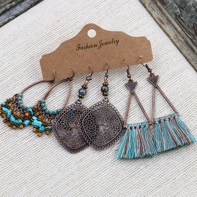Boho Earring Set for Women - Manufacturer with 3 Pairs/card Retro Ethnic Style Patina Antique Bronze Plated