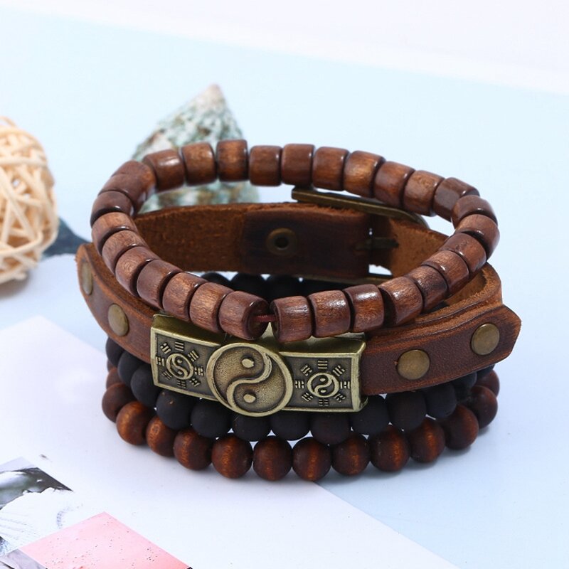 Yin Yang Bracelet Set for Men - Manufacturer with Punk Wood Beads & Multi Layered Adjustable Wrap Genuine Leather